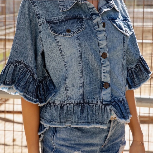 Denim Ruffle Peplum Jacket - Light Blue Jean Jacket - Picture 4 of 15